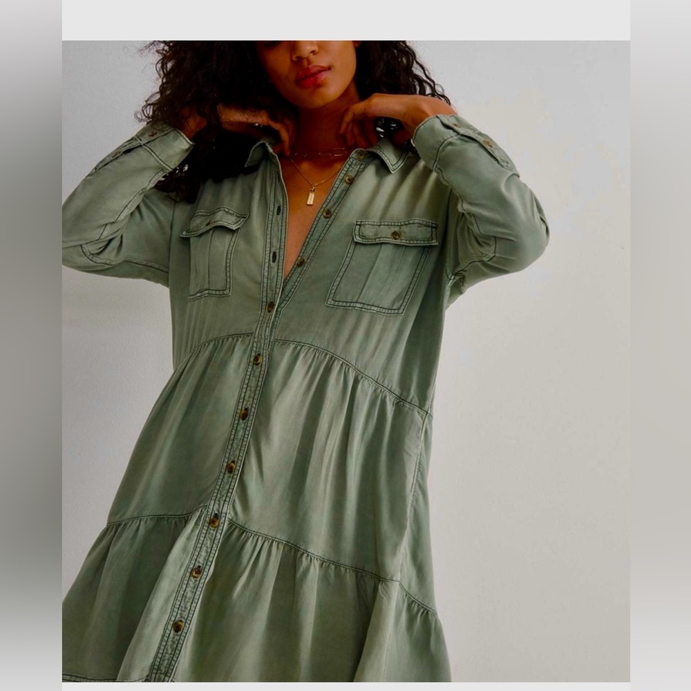 From Anthropologie, Pilcro Sage Green Soft Denim Raw-edged Hem Shirtdress size L